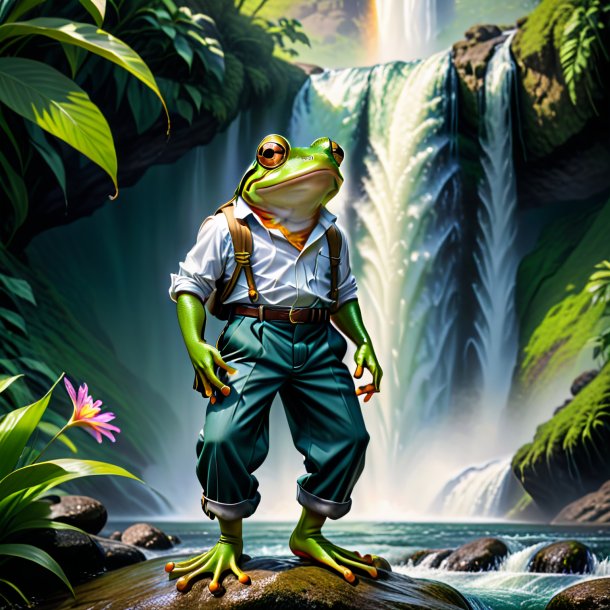 Image of a frog in a trousers in the waterfall