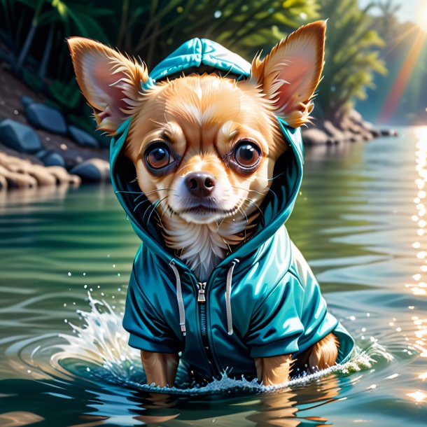 Illustration of a chihuahua in a hoodie in the water