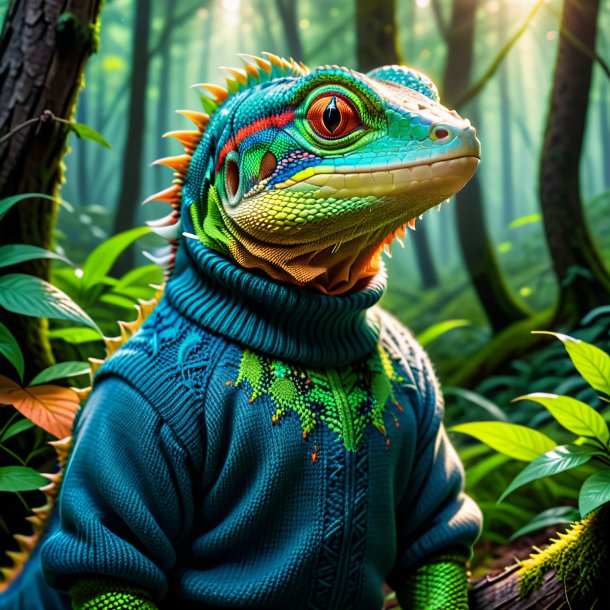 Image of a lizard in a sweater in the forest