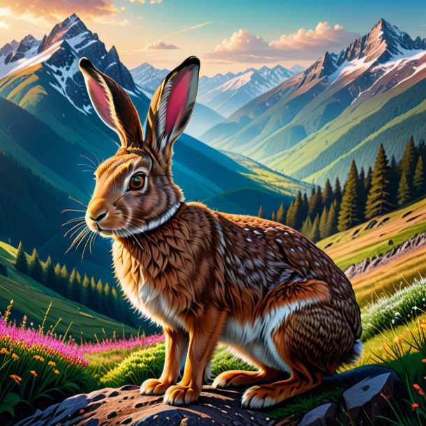 Drawing of a hare in a cap in the mountains