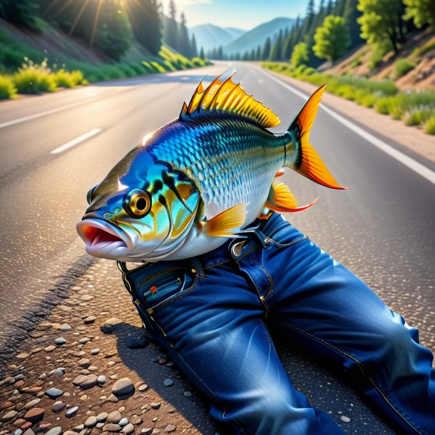 Pic of a fish in a jeans on the road