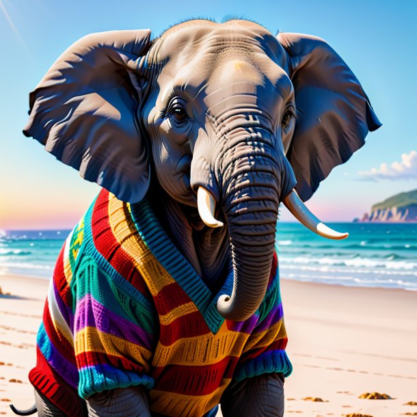 Foto de um elefante em um suéter na praia