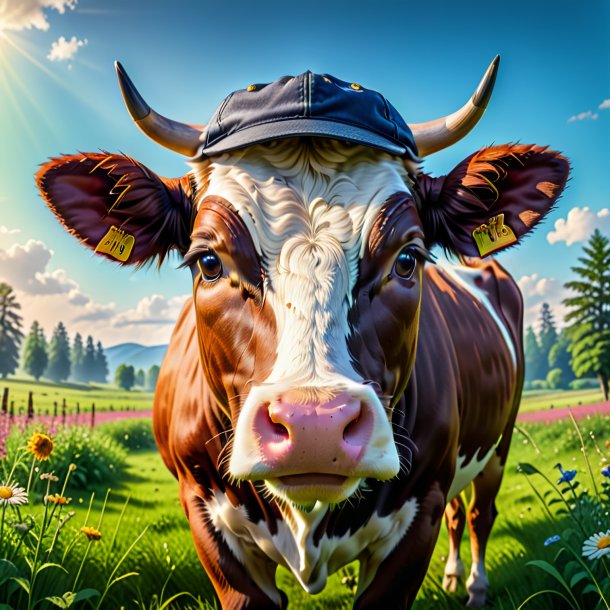 Photo of a cow in a cap in the meadow