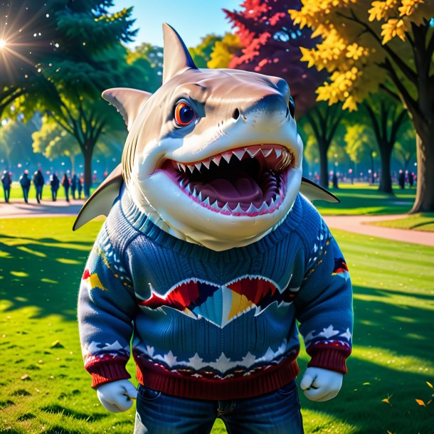 Photo of a shark in a sweater in the park