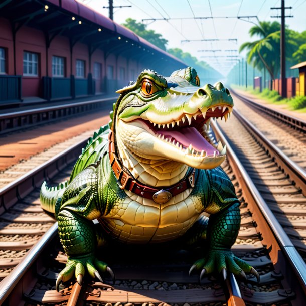 Illustration of a crocodile in a belt on the railway tracks