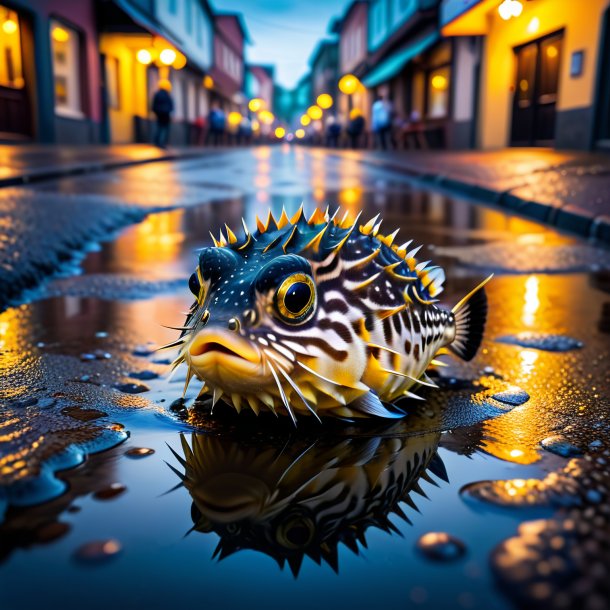 Foto de una espera de un pez globo en el charco