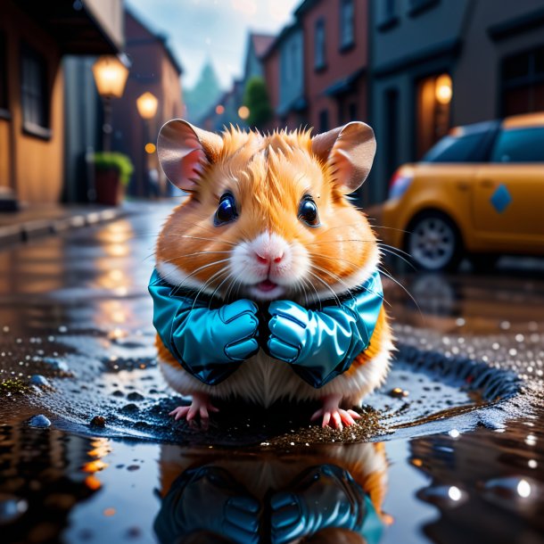 Photo of a hamster in a gloves in the puddle