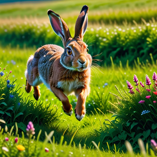 Photo of a jumping of a hare in the meadow