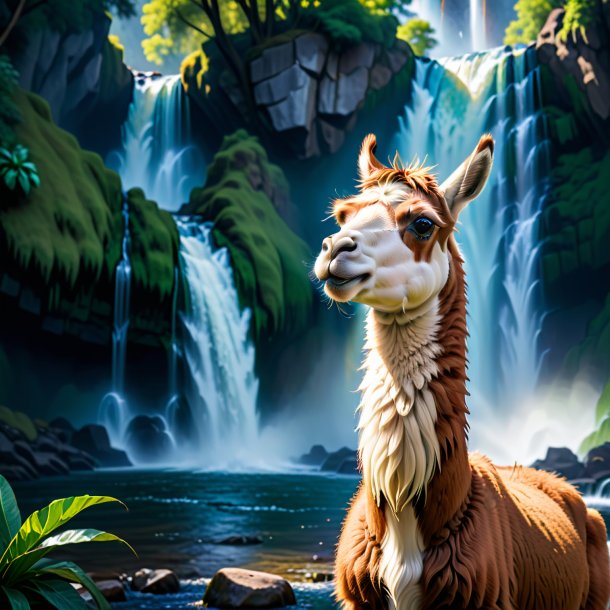 Image of a crying of a llama in the waterfall