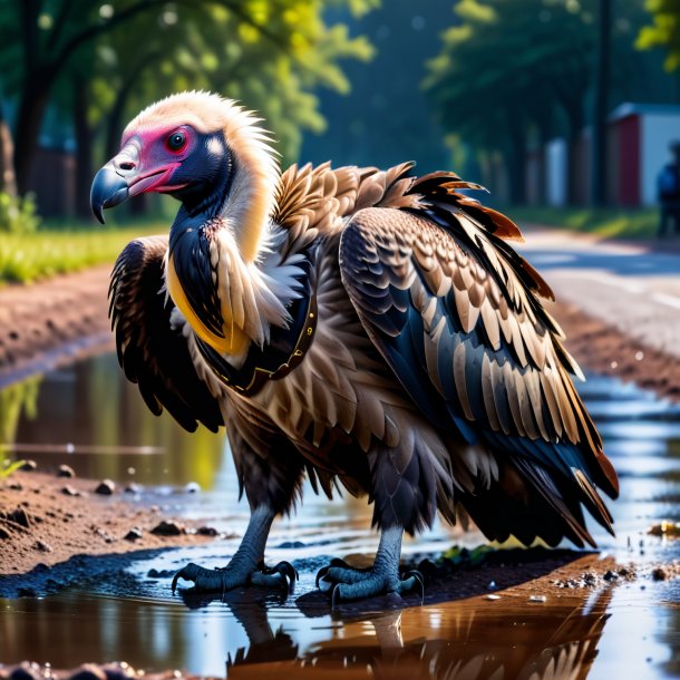 Photo of a vulture in a vest in the puddle