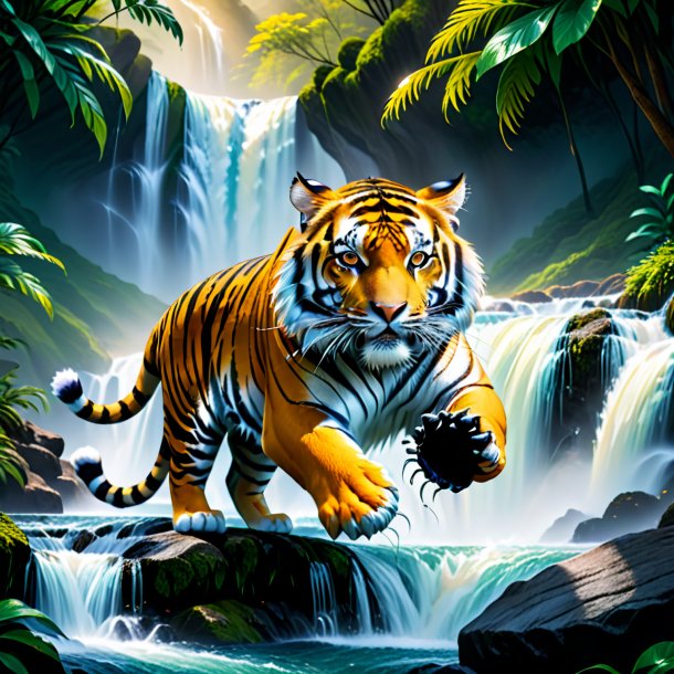 Pic of a tiger in a gloves in the waterfall