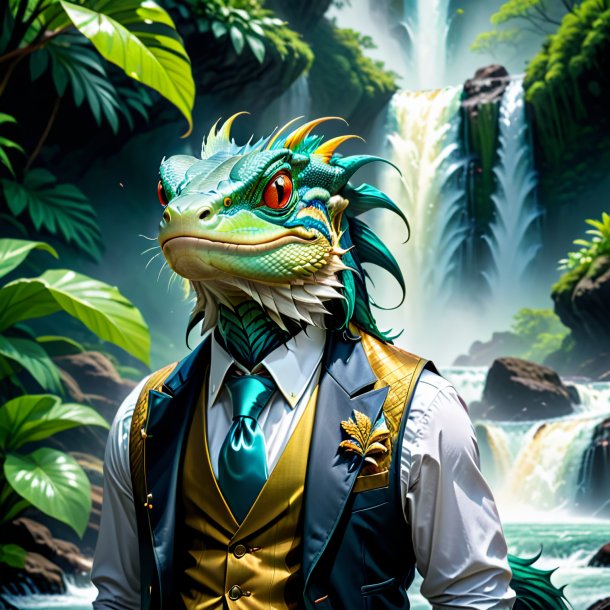 Image of a basilisk in a vest in the waterfall