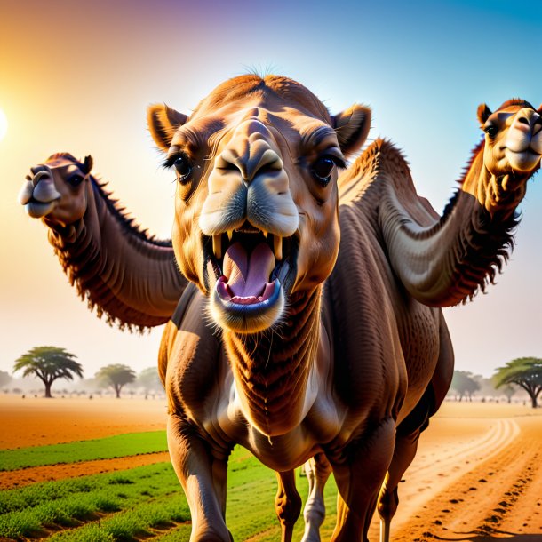 Image of a threatening of a camel on the field