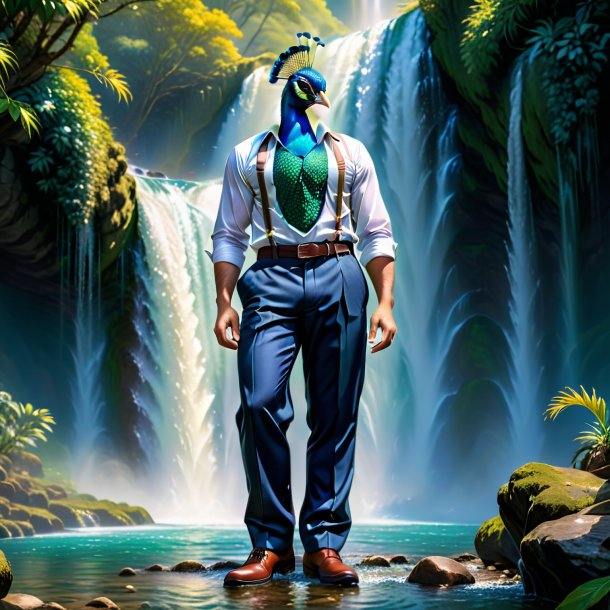 Picture of a peacock in a trousers in the waterfall