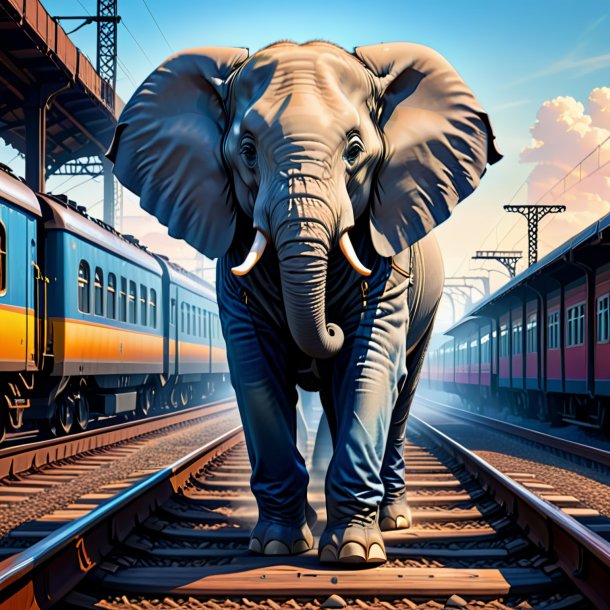 Ilustración de un elefante en jeans en las vías del tren