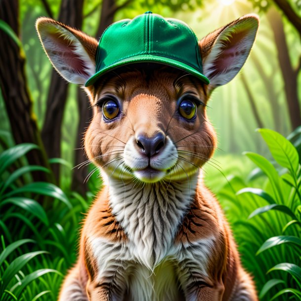 Photo of a kangaroo in a green cap