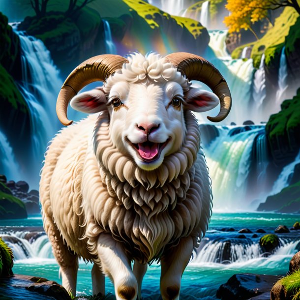Photo of a smiling of a sheep in the waterfall