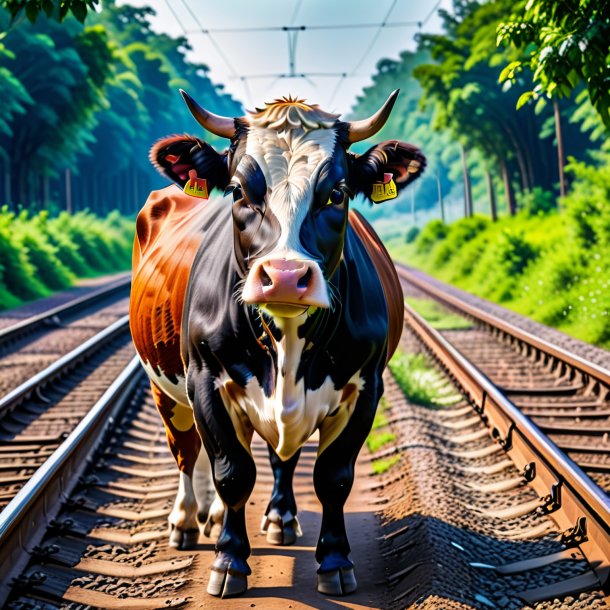 Pic of a cow in a belt on the railway tracks