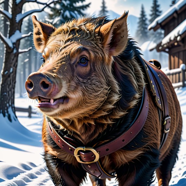 Image of a boar in a belt in the snow