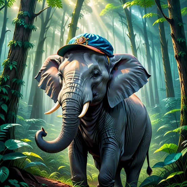 Illustration of a elephant in a cap in the forest