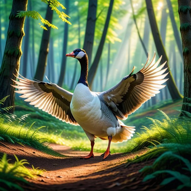 Photo of a dancing of a goose in the forest