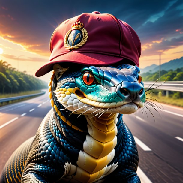 Illustration of a king cobra in a cap on the highway