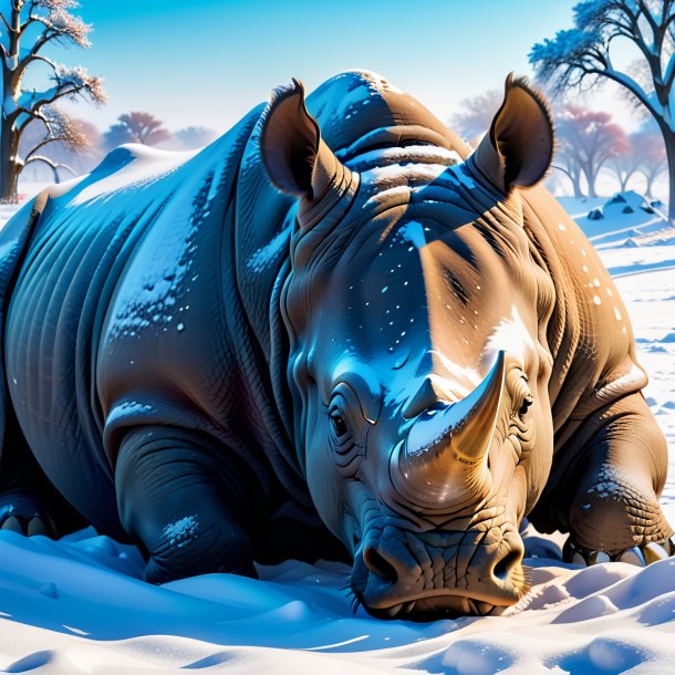 Photo of a sleeping of a rhinoceros in the snow