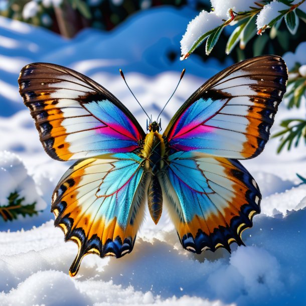 Foto de un descanso de una mariposa en la nieve