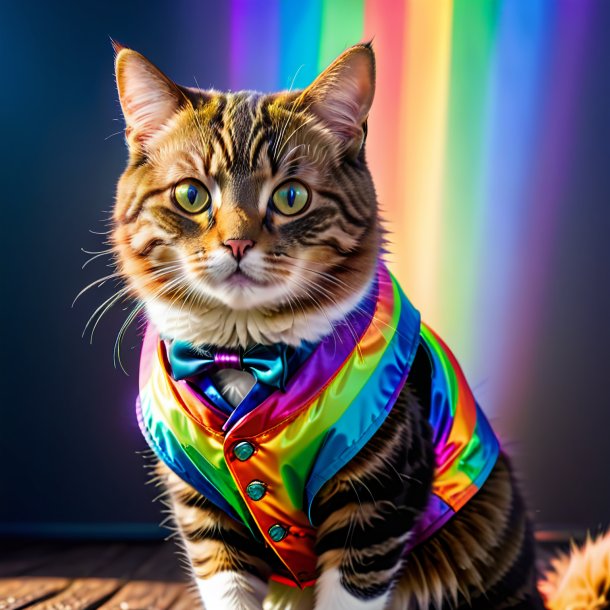 Foto de un gato en un chaleco en el arco iris