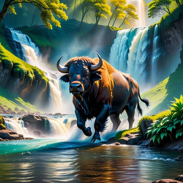 Picture of a swimming of a buffalo in the waterfall