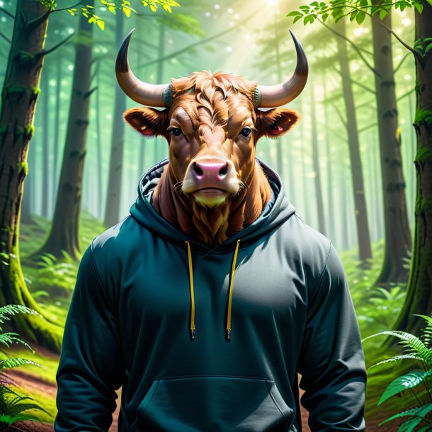 Picture of a bull in a hoodie in the forest