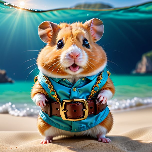 Photo of a hamster in a belt in the sea