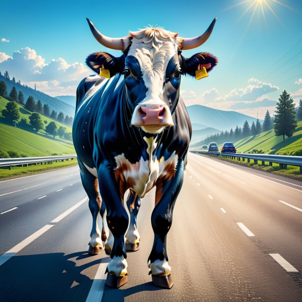 Illustration of a cow in a jeans on the highway