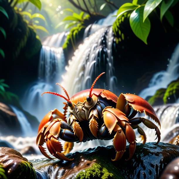 Photo of a dancing of a hermit crab in the waterfall