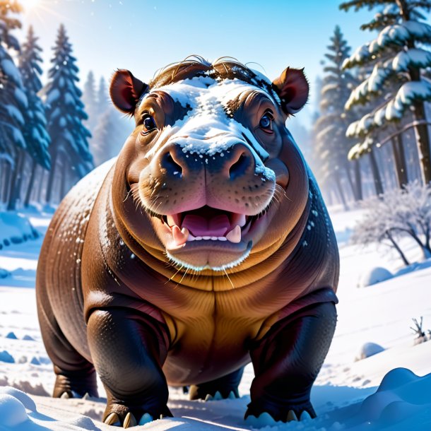 Photo of a smiling of a hippopotamus in the snow