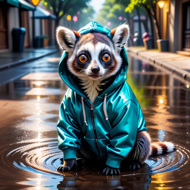 Picture of a lemur in a hoodie in the puddle