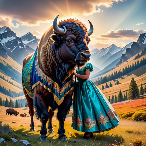 Picture of a bison in a dress in the mountains