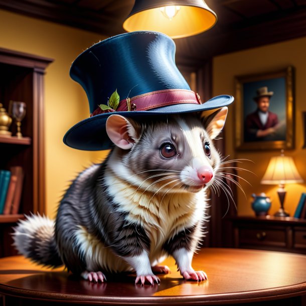 Drawing of a possum in a hat in the house