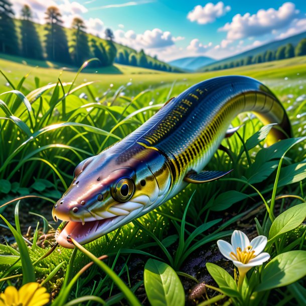 Pic of a eating of a eel in the meadow