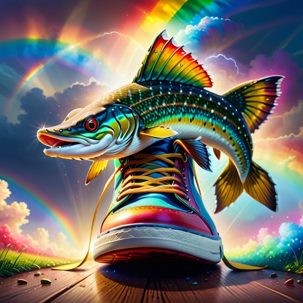 Drawing of a pike in a shoes on the rainbow