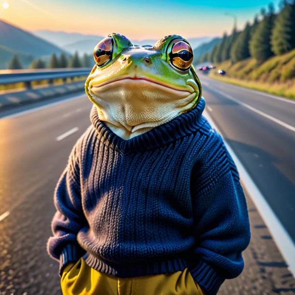 Photo of a frog in a sweater on the highway