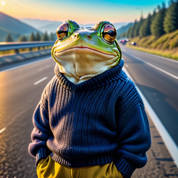 Photo d'une grenouille dans un pull sur l'autoroute