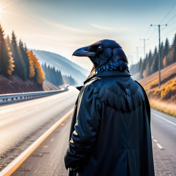 Image of a crow in a coat on the highway