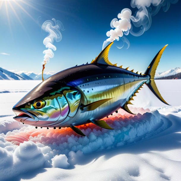 Pic of a smoking of a tuna in the snow