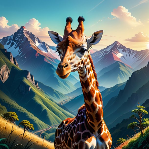 Illustration of a giraffe in a cap in the mountains