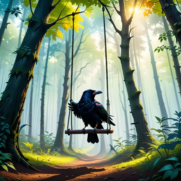 Pic of a swinging on a swing of a crow in the forest