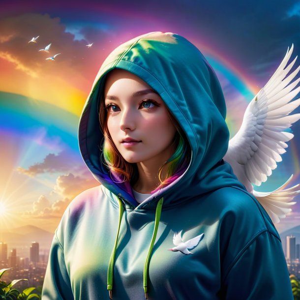 Photo of a dove in a hoodie on the rainbow