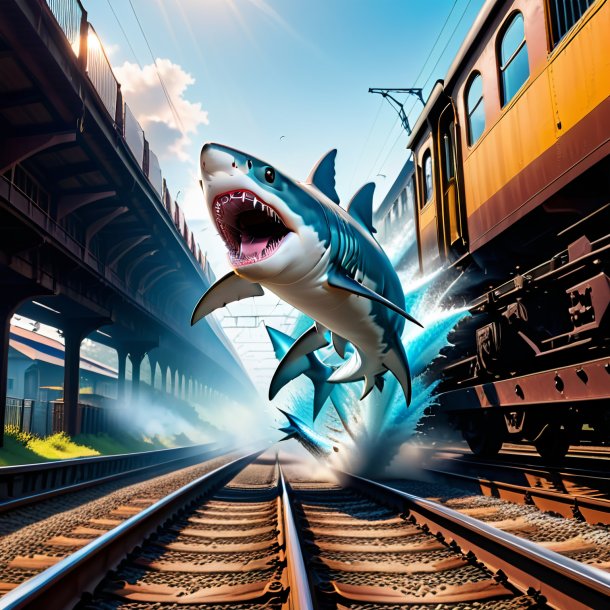 Image of a jumping of a shark on the railway tracks