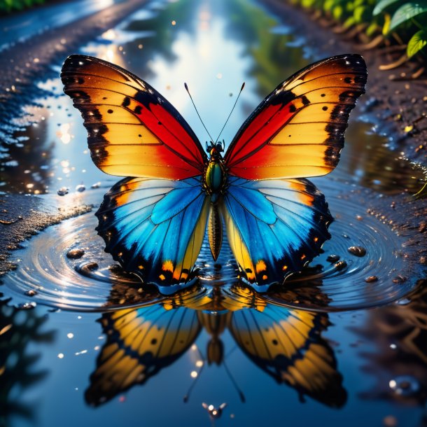 Photo of a butterfly in a jeans in the puddle