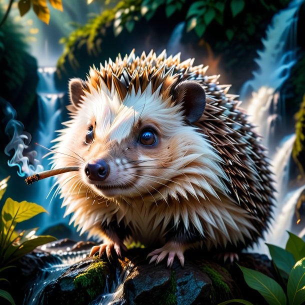 Photo of a smoking of a hedgehog in the waterfall